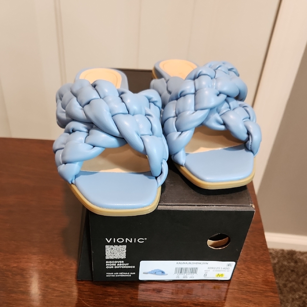 New Vionic Sky Blue Braided Kalina Blue Shadow Slides. 8M